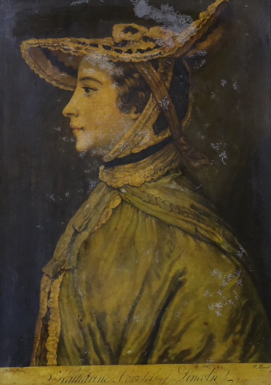 English School, 19th century, reverse glass painted print, portrait of Katherine Countess of Lincoln, 35 x 25cm